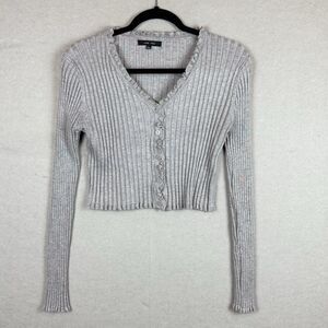 Love Tree Y2K Grey Cropped Knit Cardigan V-Neck Large Ribbed Lettuce Trim